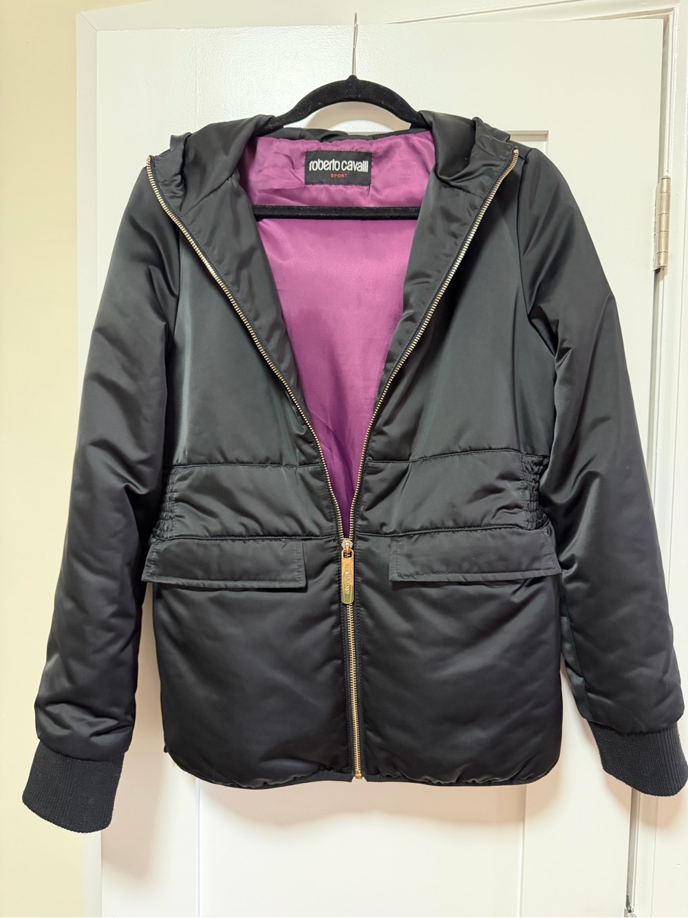 Roberto Cavalli Black Hooded Puffer with Purple Lining